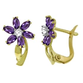 14k Gold Pin Earrings with Genuine Diamonds and Amethysts by