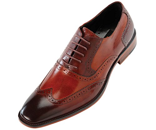 Steven Land Footwear Collection Mens Classic Two Tone Ombre Brown and Cognac Genuine Leather Wingtip Oxford Dress Shoe : Style SL100-065