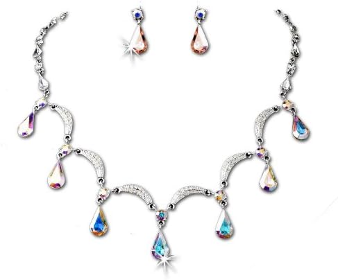 Silver-Tone Aurora Borealis Crystal Teardops Necklace Earring Set Bridal Jewelry