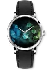 SPRAWL Aanalog Fashion Series Silver Ladies Watches of Genuine Black Leather Strap,Unique Wrist Watch for Women Girls Designed with Bubbles greenish black background