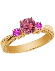 1.01 Ct Pink VS2/SI1 Diamond Sapphire and 925 Yellow Gold Plated Silver 3-Stone Ring