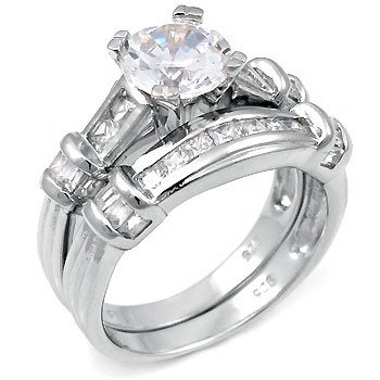 Sterling Silver Cubic Zirconia CZ Wedding Engagement Ring Set