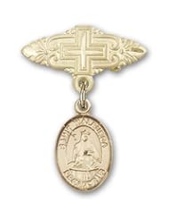 14K Gold Baby Badge with St. Walburga Charm and Badge Pin with Cross