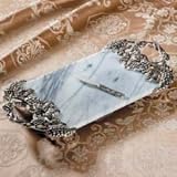 WHITE MARBLE TRAY WITH SILVER PLATED GRAPE HANDLES AND KNIFE