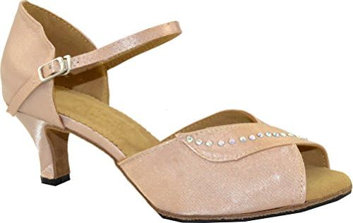 Fifly Womens Latin Salsa Cha-cha Low Heel Peep-toe Satin Professional Dance-shoes Skin US Size7.5(2IN)