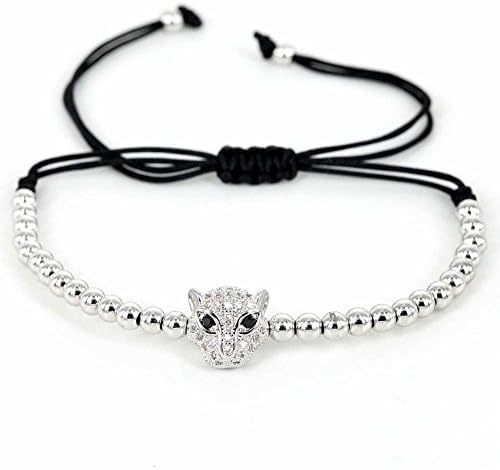 Macrame Bracelet Men with Leopard Head Zircon Charm 4mm Beads White Silver