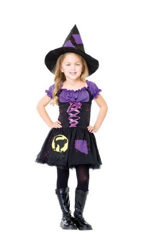 Halloween Kids Children Girls Costumes 2Pc. Black Cat Witch, Includes Patchwork Peasant Dress And Hat Leg Avenue By Fenvy