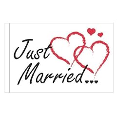 ***Autofahne Just married, schwarze Schrift mit roten Herzen***