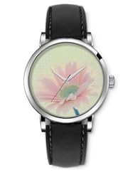 SPRAWL Aanalog Fashion Series Silver Ladies Watches of Genuine Black Leather Strap,Unique Wrist Watch for Women Girls Designed with pink daisy