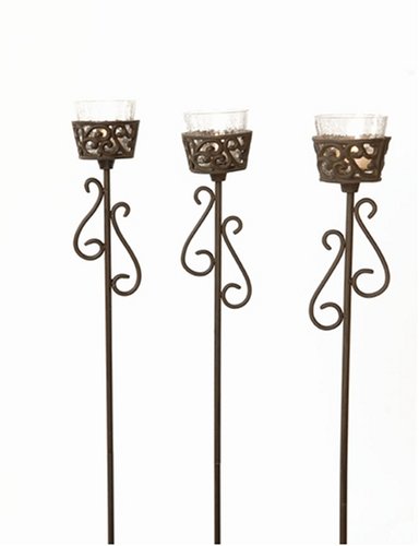 Scrolled Crackled Glass Patio Tealight Garden Stakes, Set of 3