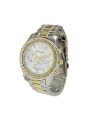 Geneva Womens Designer Inspired Chronograph Style Rhinestone Bezel Two Tone Watch in Silver and Gold Tone