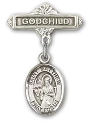 Sterling Silver Baby Badge with St. Matthew the Apostle Charm and Godchild Badge Pin