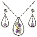 Teardrop Sliver Necklace Earring with Vibrant Gems Amethyst Rose Quartz Citrine White Shell Gift Set Bucasi SALE