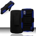 LG GOOGLE NEXUS 4 E960 RUBBERIZED HARD KICKSTAND BELT CLIP CASE - BLACK/BLUE