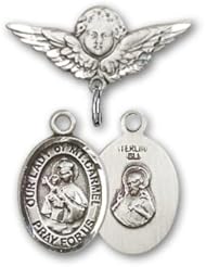 Sterling Silver Baby Badge with Our Lady of Mount Carmel Charm and Angel with Wings Badge Pin