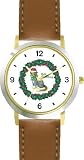 Gray Cat in Christmas Wreath - JP - WATCHBUDDY® DELUXE TWO-TONE THEME WATCH - Arabic Numbers - Brown Leather Strap-Size-Large ( Men's Size or Jumbo Women's Size )
