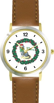 Gray Cat in Christmas Wreath - JP - WATCHBUDDY® DELUXE TWO-TONE THEME WATCH - Arabic Numbers - Brown Leather Strap-Size-Large ( Men's Size or Jumbo Women's Size )