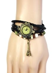 Jim 1PC Vintage Trial Order New Quartz Eiffel Tower Retro Weave Wrap Around Leather Bracelet Lady Woman Wrist Watch Black