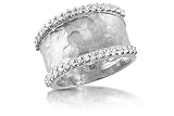 14K White Gold Matte-Finish Hammer-Finish Hand-Crafted Designer Ring, Enhanced with Pave Set Diamonds.