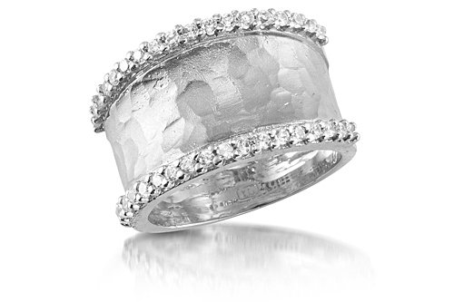 14K White Gold Matte-Finish Hammer-Finish Hand-Crafted Designer Ring, Enhanced with Pave Set Diamonds.