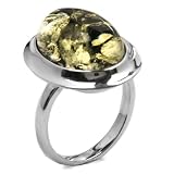 Baltic Green Amber and Sterling Silver Simple Oval Ring, Sizes 5,6,7,8,9,10,11,12
