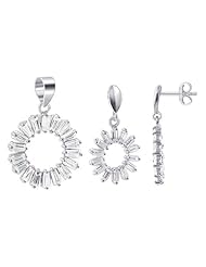 Sterling Silver Rectangular Shape Clear CZ Post Back Findings Round Cut 14mm Earrings and 17mm Pendant Jewelry Set