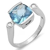 1.35 CT Three Stone Sterling Silver Ladies Cushion & Round Blue Topaz Cubic Zirconia CZ Classic Engagement Ring 0.45 inch (Available in size 6, 7, 8)