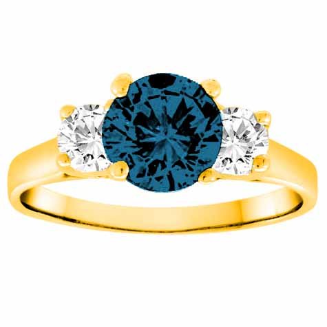 10K Yellow Gold 3 Three Stone Round Blue Diamond & White Diamond Ring (1.40 cttw) Size 7