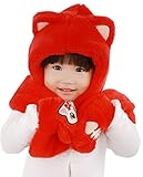 C-Princess防寒フード 手ポケット マフラー 一つで三役 多機能 キッズ 子供用 女の子 帽子 手袋 ストール 可愛く防寒 もこもこ (Aレッド)