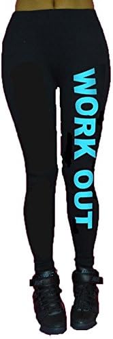 Englady Women's Letter Print Side Text Stretchy Leggings Trousers Blue Work Out