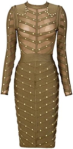Norboe Women's Newest Rivets Studded One-Piece Bodycon Rayon Celebrity Bandage Dress (S, Green)