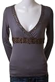Sassy Sequin V Neck Metallic Embellished Adornment Embroidered Empire Waist Shells Floral Blouse Top Gray