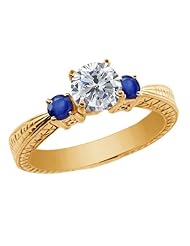 1.26 Ct Round H/I Diamond Blue Sapphire 18K Yellow Gold 3-Stone Ring