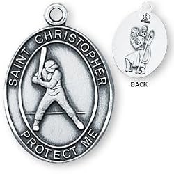 Sterling Silver Saint Christopher Mens-Boys Baseball Medal and 24-inch Chain