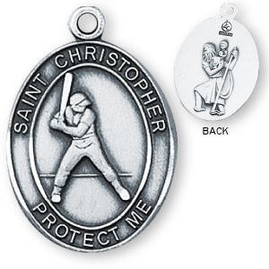 Sterling Silver Saint Christopher Mens-Boys Baseball Medal and 24-inch Chain