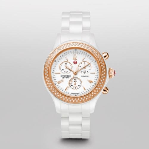 Michele Jetway White Ceramic Diamond Rose Gold Quartz Women's Watch - MWW17B000008