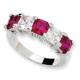 Sterling Silver Asscher-cut Synthetic Ruby/CZ 5-stone Ring - Size 6
