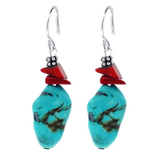 Sterling Silver Genuine Turquoise Nugget and Coral Drop Earrings
