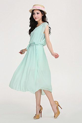 XIANKI Women Sleeveless Round Neck Beaded Waist-tie Bohemian Beach Prom Dress M Green