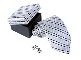 Elegant Silver & Black Plaid 100% Silk Necktie & Cufflinks