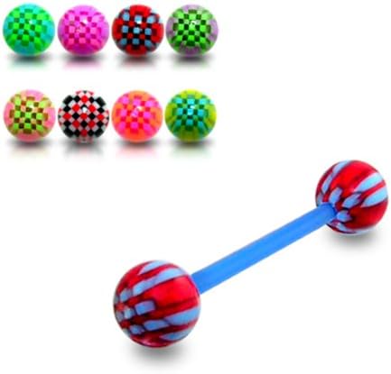 14Gx5/8 (1.6x16MM) Flexible Straight Barbell with 5MM UV Multi Color Checker Ball Tongue Piercing Rings - 10 Pieces Assorted Color as Show