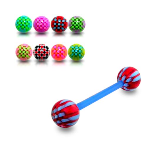 14Gx5/8 (1.6x16MM) Flexible Straight Barbell with 5MM UV Multi Color Checker Ball Tongue Piercing Rings - 10 Pieces Assorted Color as Show