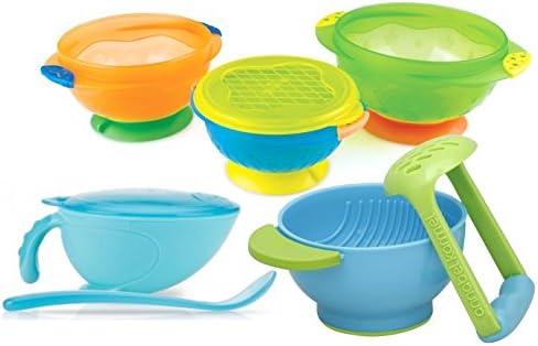 Nuby Non-Skid Feeding Bowl with Lid & Spoon + Food Masher and Suction Bowls, Aqua