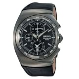 Seiko Men's Alarm Chronograph Watch, Black Leather Strap, Black Stainless Steel Design Case SNAB47