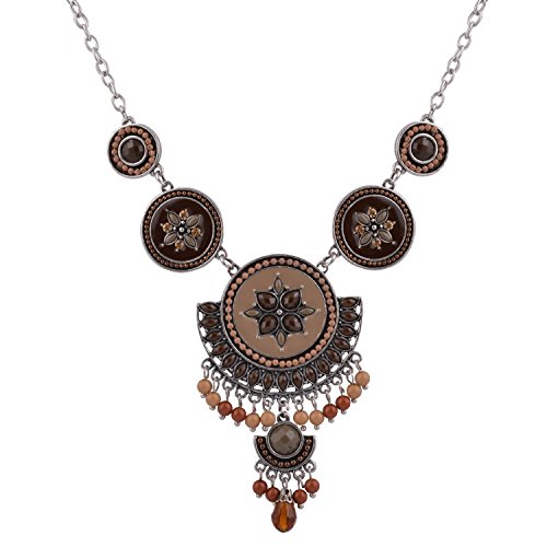 November's Chopin Cluster Central Flower Plates Colorful Teardrop Stone Statement Chunky Necklace (Brown)