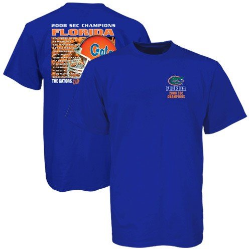Buy Florida Gators 2008 SEC Football Champions Royal Blue Helmet Season Score T-shirt by Football Fanatics
