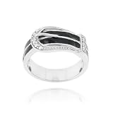 Rhodium Plated Diamond Accent & Black Enamel Belt Buckle Ring