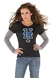 New York Mets Black Women's Primary Logo Tri Blend Long Sleeve Layered T-Shirt- by Alyssa Milano