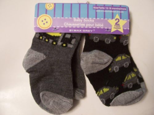 Max Grey Baby Socks ~ Set of 2, 12-18 Months (Yellow Construction Truck on Gray; Cars on Black)