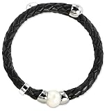CleverEve's Black Leather Bracelet with Pearl and Silver Accents